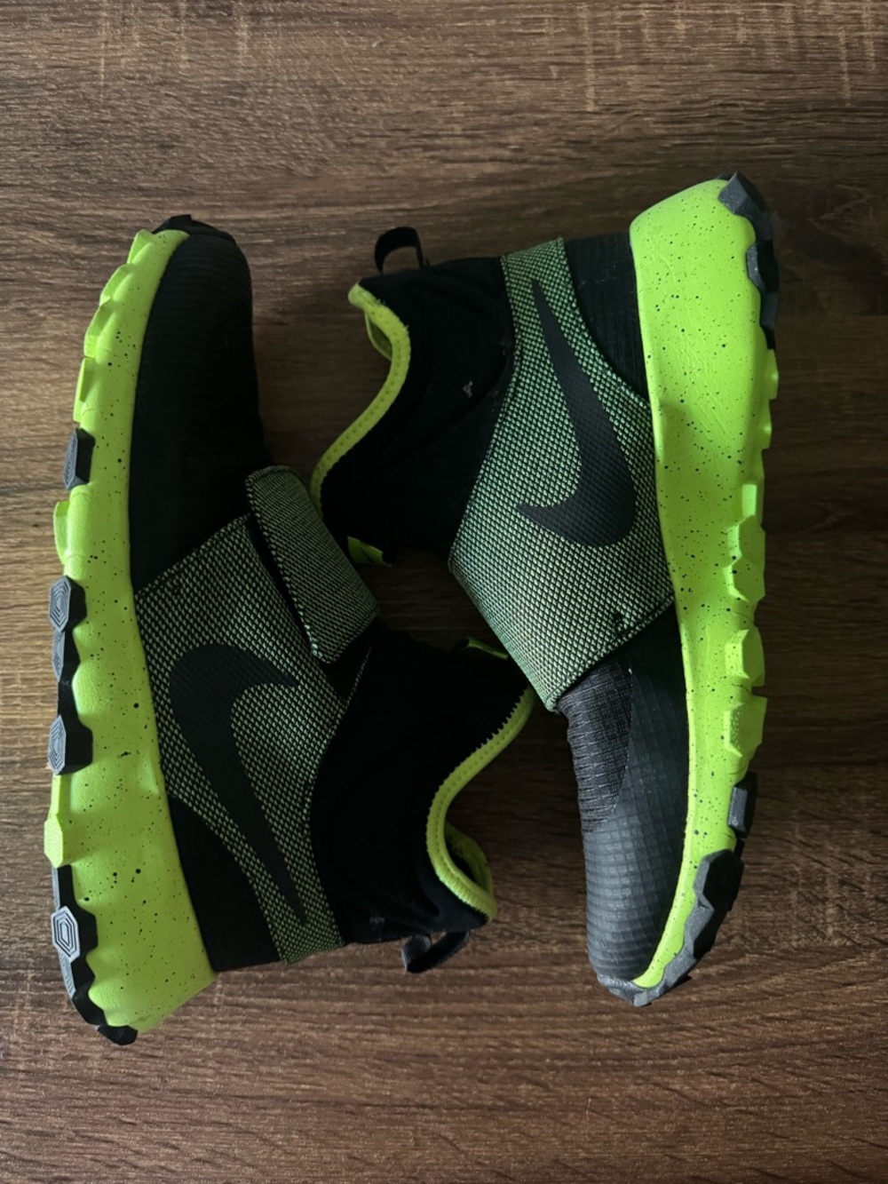 Nike Kids Black and Neon Green Slip-On Sneakers with Strap